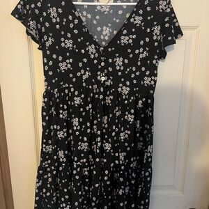 See You Monday Black Midi Dress with White Floral Pattern